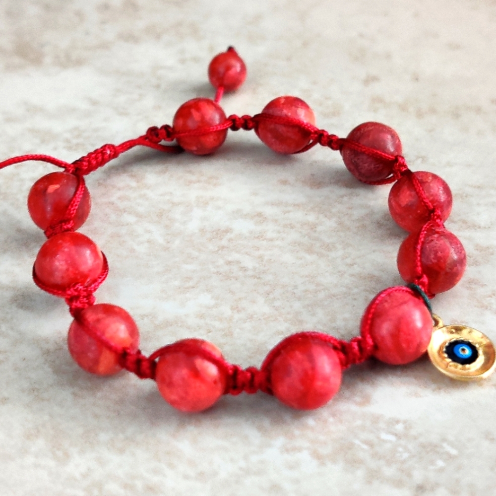 Genuine Red Coral Adjustable Bracelet with Evil Eye Protection Charm
